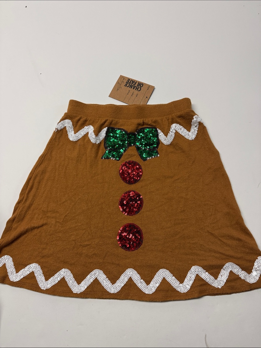 Chance or Fate festive gingerbread Sequin Accent A-Line Skirt with Green Bow